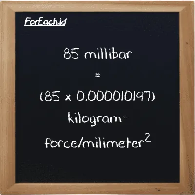 85 millibar is equivalent to 0.00086676 kilogram-force/milimeter<sup>2</sup> (85 mbar is equivalent to 0.00086676 kgf/mm<sup>2</sup>)